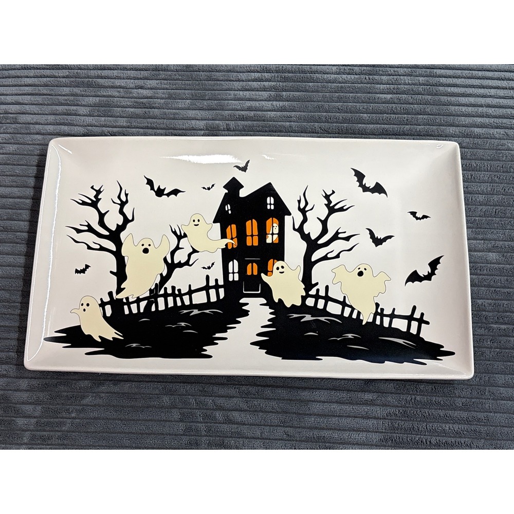 Celebrate Halloween Stoneware Platter Haunted House Ghost Bat Serving Tray